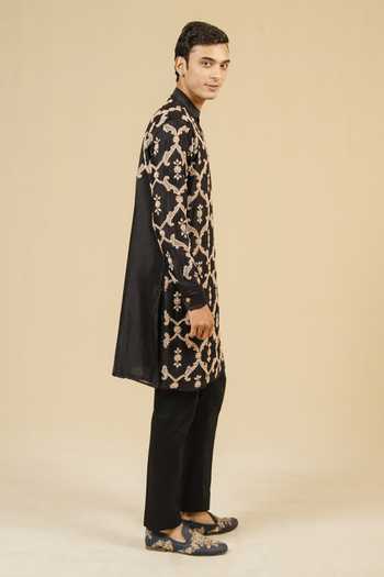 Buy_Gaurav katta_Black Silk, Chanderi Zardozi Work Kurta And Pant Set _Online_at_Aza_Fashions