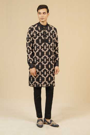 Shop_Gaurav katta_Black Silk, Chanderi Zardozi Work Kurta And Pant Set _Online_at_Aza_Fashions