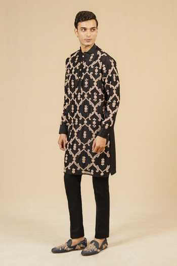 Gaurav katta_Black Silk, Chanderi Zardozi Work Kurta And Pant Set _at_Aza_Fashions