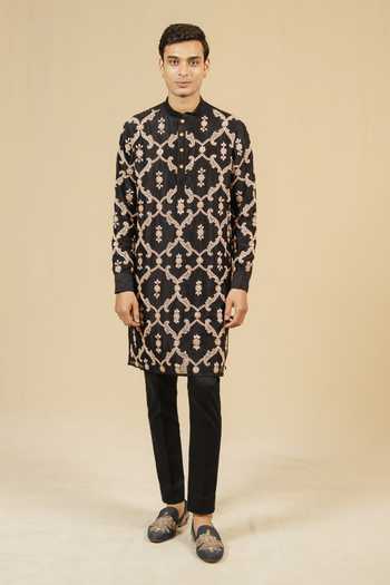 Shop_Gaurav katta_Black Silk, Chanderi Zardozi Work Kurta And Pant Set 