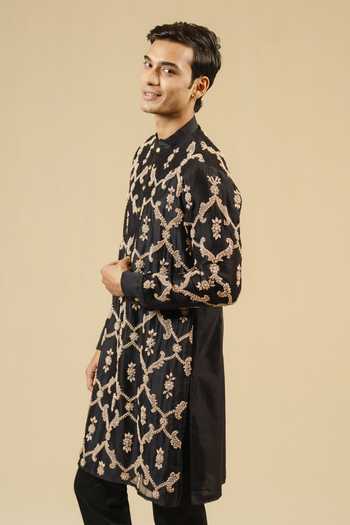 Gaurav katta_Black Silk, Chanderi Zardozi Work Kurta And Pant Set _Online