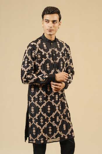 Buy_Gaurav katta_Black Silk, Chanderi Zardozi Work Kurta And Pant Set _Online