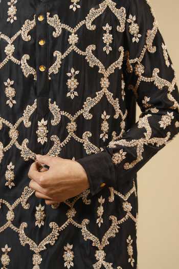 Gaurav katta_Black Silk, Chanderi Zardozi Work Kurta And Pant Set 