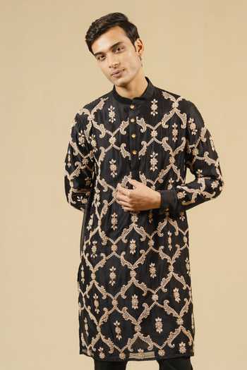 Gaurav katta_Black Silk, Chanderi Zardozi Work Kurta And Pant Set 