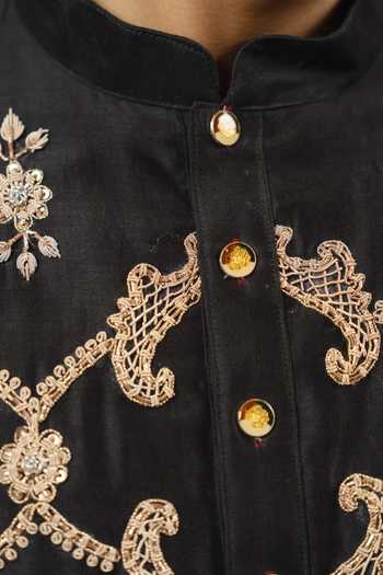 Gaurav katta_Black Silk, Chanderi Zardozi Work Kurta And Pant Set 