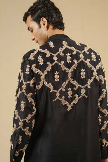 Gaurav katta_Black Silk, Chanderi Zardozi Work Kurta And Pant Set 