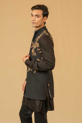 Buy_Gaurav katta_Black Silk, Modal Zari, Stones Zardozi Embroidered Nehru Jacket _Online_at_Aza_Fashions