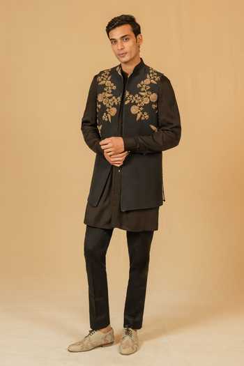 Buy_Gaurav katta_Black Silk, Modal Zari, Stones Zardozi Embroidered Nehru Jacket _at_Aza_Fashions