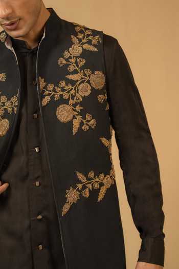 Shop_Gaurav katta_Black Silk, Modal Zari, Stones Zardozi Embroidered Nehru Jacket _Online_at_Aza_Fashions
