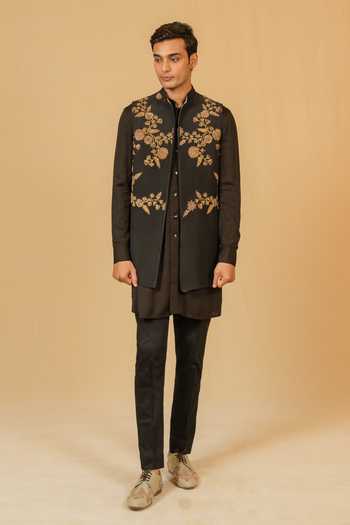 Gaurav katta_Black Silk, Modal Zari, Stones Zardozi Embroidered Nehru Jacket _at_Aza_Fashions