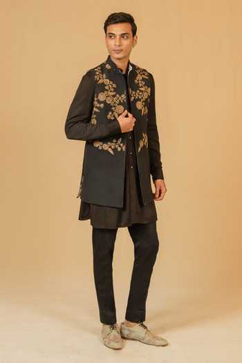Buy_Gaurav katta_Black Silk, Modal Zari, Stones Zardozi Embroidered Nehru Jacket 