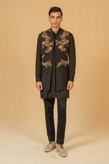 Shop_Gaurav katta_Black Silk, Modal Zari, Stones Zardozi Embroidered Nehru Jacket 