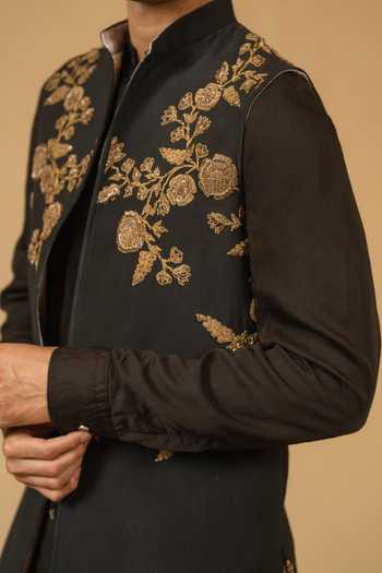 Gaurav katta_Black Silk, Modal Zari, Stones Zardozi Embroidered Nehru Jacket _Online