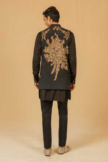 Shop_Gaurav katta_Black Silk, Modal Zari, Stones Zardozi Embroidered Nehru Jacket _at_Aza_Fashions