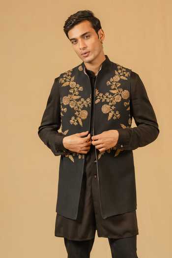 Buy_Gaurav katta_Black Silk, Modal Zari, Stones Zardozi Embroidered Nehru Jacket _Online