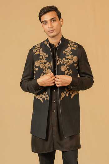Shop_Gaurav katta_Black Silk, Modal Zari, Stones Zardozi Embroidered Nehru Jacket _Online