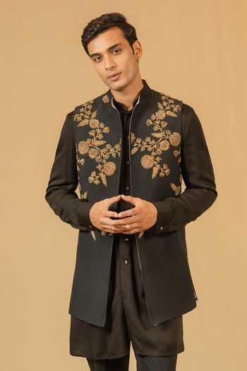 Gaurav katta_Black Silk, Modal Zari, Stones Zardozi Embroidered Nehru Jacket 