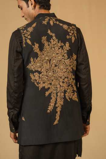 Gaurav katta_Black Silk, Modal Zari, Stones Zardozi Embroidered Nehru Jacket 