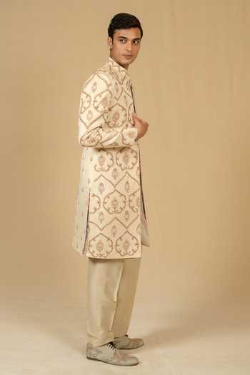Gaurav katta_Ivory Zari Zardozi Embroidered Sherwani And Pant Set _Online_at_Aza_Fashions
