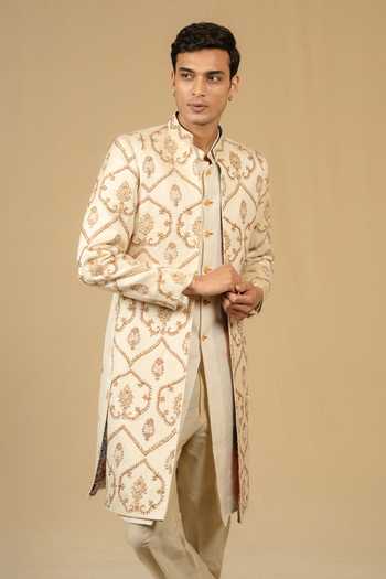Buy_Gaurav katta_Ivory Zari Zardozi Embroidered Sherwani And Pant Set _Online_at_Aza_Fashions