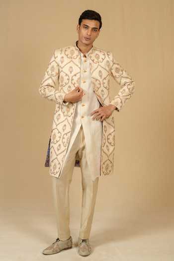 Buy_Gaurav katta_Ivory Zari Zardozi Embroidered Sherwani And Pant Set _at_Aza_Fashions