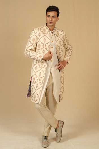 Shop_Gaurav katta_Ivory Zari Zardozi Embroidered Sherwani And Pant Set _Online_at_Aza_Fashions