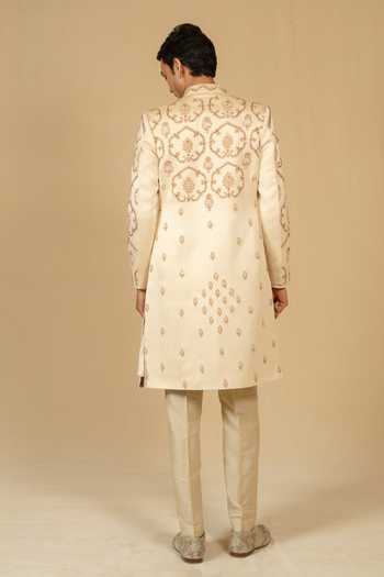 Shop_Gaurav katta_Ivory Zari Zardozi Embroidered Sherwani And Pant Set _at_Aza_Fashions
