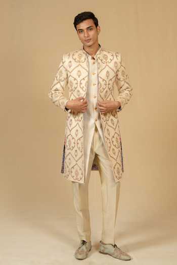 Gaurav katta_Ivory Zari Zardozi Embroidered Sherwani And Pant Set _at_Aza_Fashions