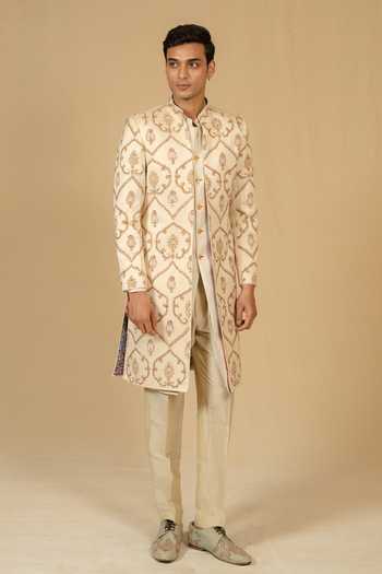 Buy_Gaurav katta_Ivory Zari Zardozi Embroidered Sherwani And Pant Set 