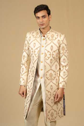 Shop_Gaurav katta_Ivory Zari Zardozi Embroidered Sherwani And Pant Set 