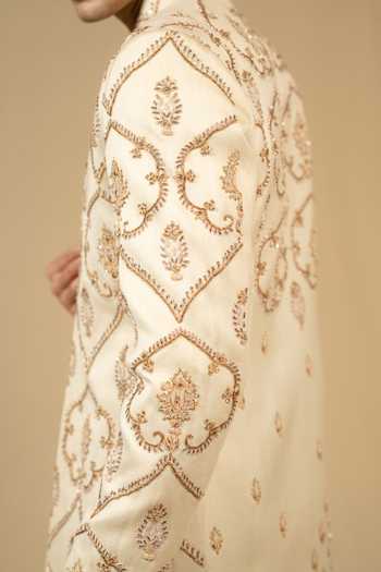 Gaurav katta_Ivory Zari Zardozi Embroidered Sherwani And Pant Set _Online