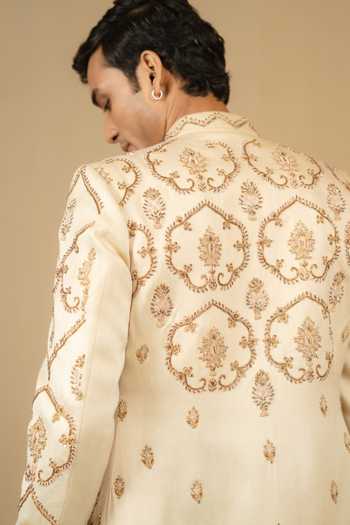 Shop_Gaurav katta_Ivory Zari Zardozi Embroidered Sherwani And Pant Set _Online
