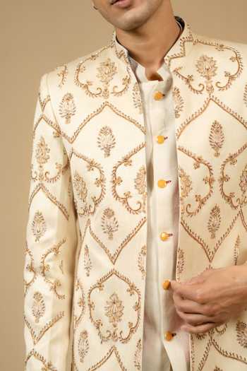 Gaurav katta_Ivory Zari Zardozi Embroidered Sherwani And Pant Set 