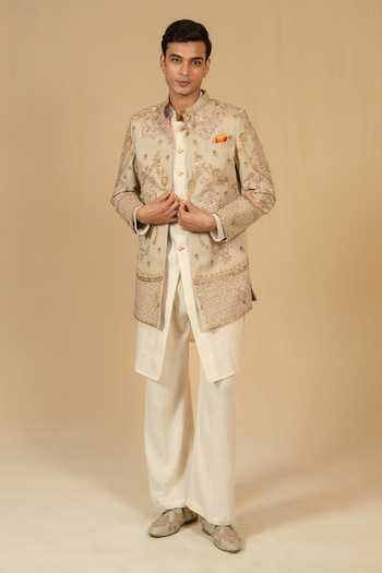 Buy_Gaurav katta_Beige Silk, Modal Zardozi Embroidered Bandhgala Set _at_Aza_Fashions