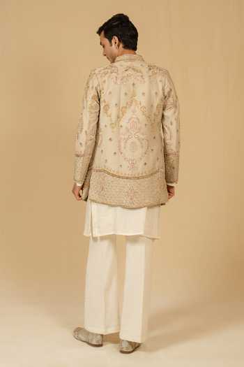 Shop_Gaurav katta_Beige Silk, Modal Zardozi Embroidered Bandhgala Set _at_Aza_Fashions