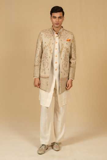 Gaurav katta_Beige Silk, Modal Zardozi Embroidered Bandhgala Set _Online_at_Aza_Fashions