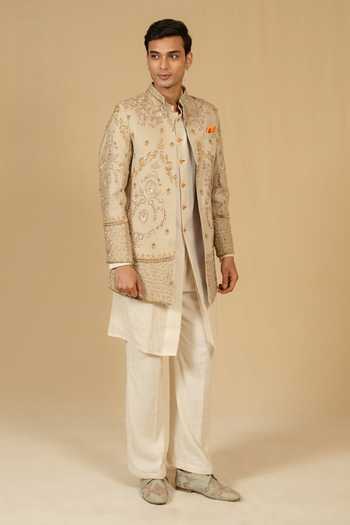 Buy_Gaurav katta_Beige Silk, Modal Zardozi Embroidered Bandhgala Set _Online_at_Aza_Fashions