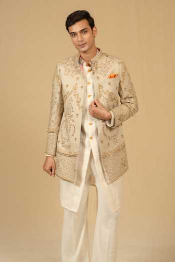 Shop_Gaurav katta_Beige Silk, Modal Zardozi Embroidered Bandhgala Set _Online_at_Aza_Fashions