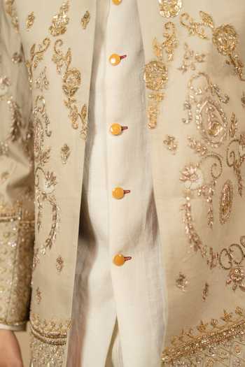 Gaurav katta_Beige Silk, Modal Zardozi Embroidered Bandhgala Set _at_Aza_Fashions