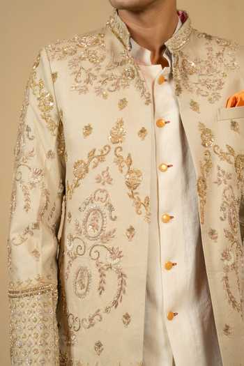 Buy_Gaurav katta_Beige Silk, Modal Zardozi Embroidered Bandhgala Set 