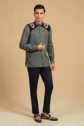 Gaurav katta_Blue Linen Zari, Metallic Thread Zardozi Placement Embroidered Bandhgala _Online_at_Aza_Fashions