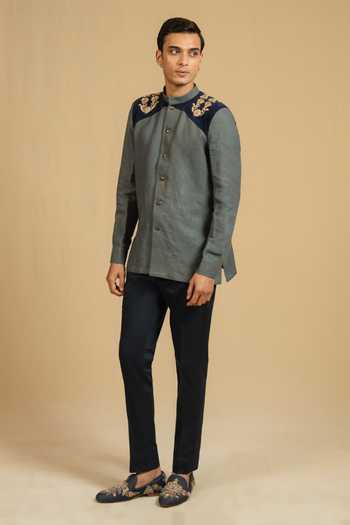 Buy_Gaurav katta_Blue Linen Zari, Metallic Thread Zardozi Placement Embroidered Bandhgala _Online_at_Aza_Fashions