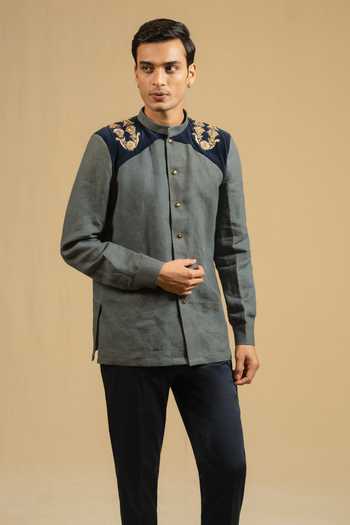 Gaurav katta_Blue Linen Zari, Metallic Thread Zardozi Placement Embroidered Bandhgala _at_Aza_Fashions