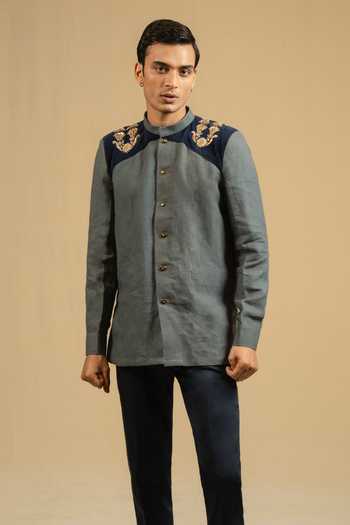 Buy_Gaurav katta_Blue Linen Zari, Metallic Thread Zardozi Placement Embroidered Bandhgala _at_Aza_Fashions