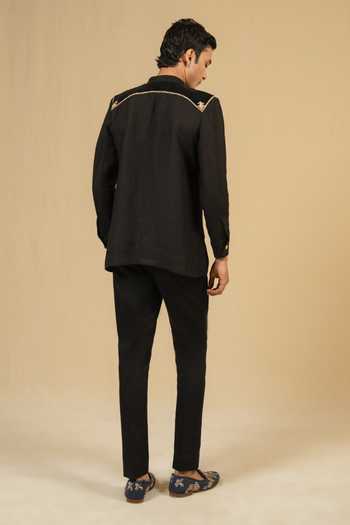Shop_Gaurav katta_Black Linen Zardozi Embroidered Bandhgala _at_Aza_Fashions