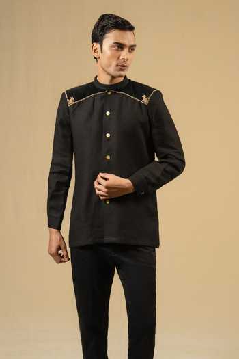 Buy_Gaurav katta_Black Linen Zardozi Embroidered Bandhgala _at_Aza_Fashions