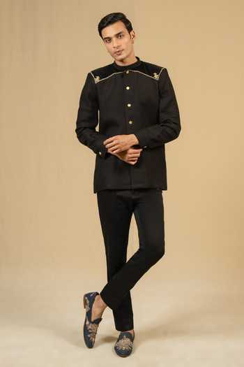 Gaurav katta_Black Linen Zardozi Embroidered Bandhgala _Online_at_Aza_Fashions