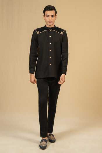Buy_Gaurav katta_Black Linen Zardozi Embroidered Bandhgala _Online_at_Aza_Fashions