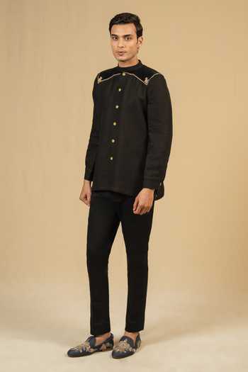 Shop_Gaurav katta_Black Linen Zardozi Embroidered Bandhgala _Online_at_Aza_Fashions