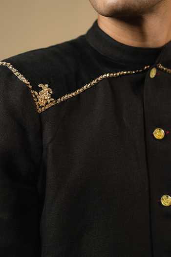 Gaurav katta_Black Linen Zardozi Embroidered Bandhgala _at_Aza_Fashions